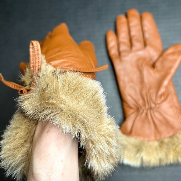 Vintage Lauren Ralph Lauren Leather Gloves Medium Brown Faux Fur Fleece Lined - Picture 6 of 10
